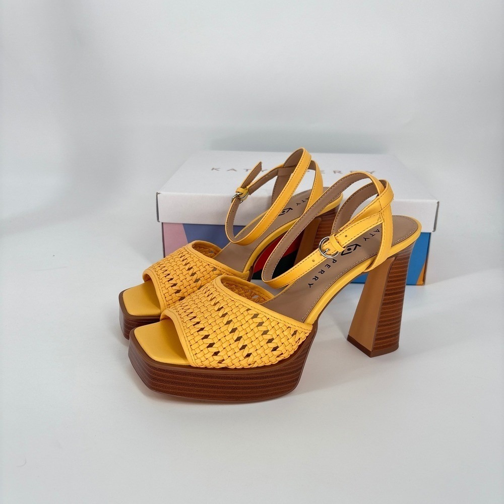Katy Perry Platform Heels Woven Steady Ankle Strap Block Heel Sandals Yellow 8.5 - Picture 10 of 12
